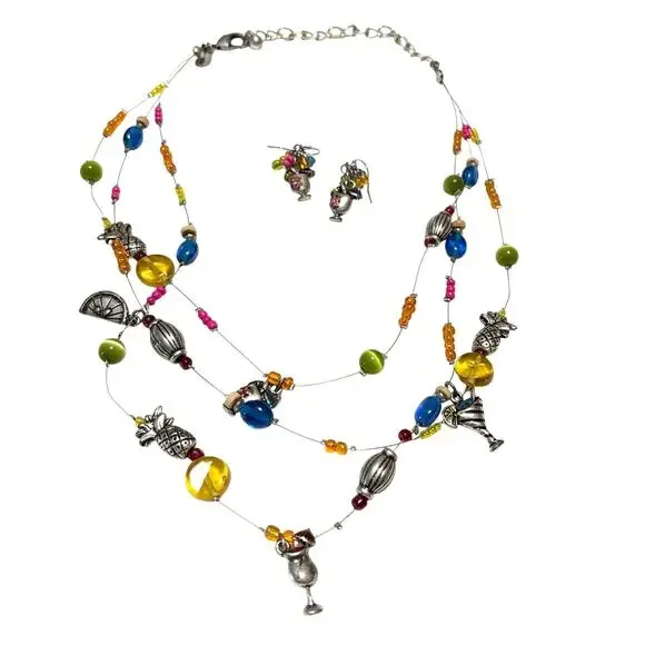 Chicos Beaded Charm Necklace & Earrings Set Cocktail Party Fruit Theme 3 Strand - Picture 1 of 8